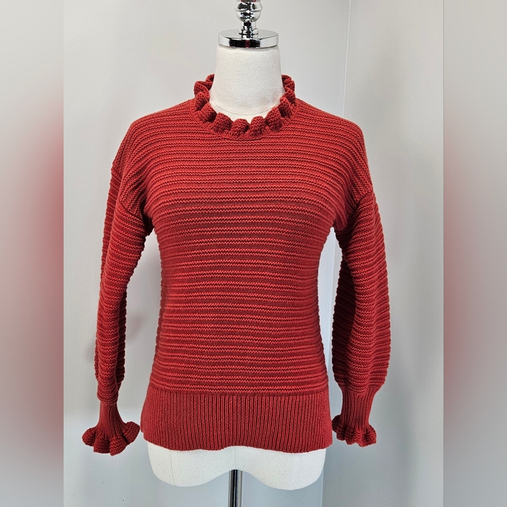 Madewell Womens Cotton Merino Wool Sweater Xsmall Ruffle Neck Red Textured